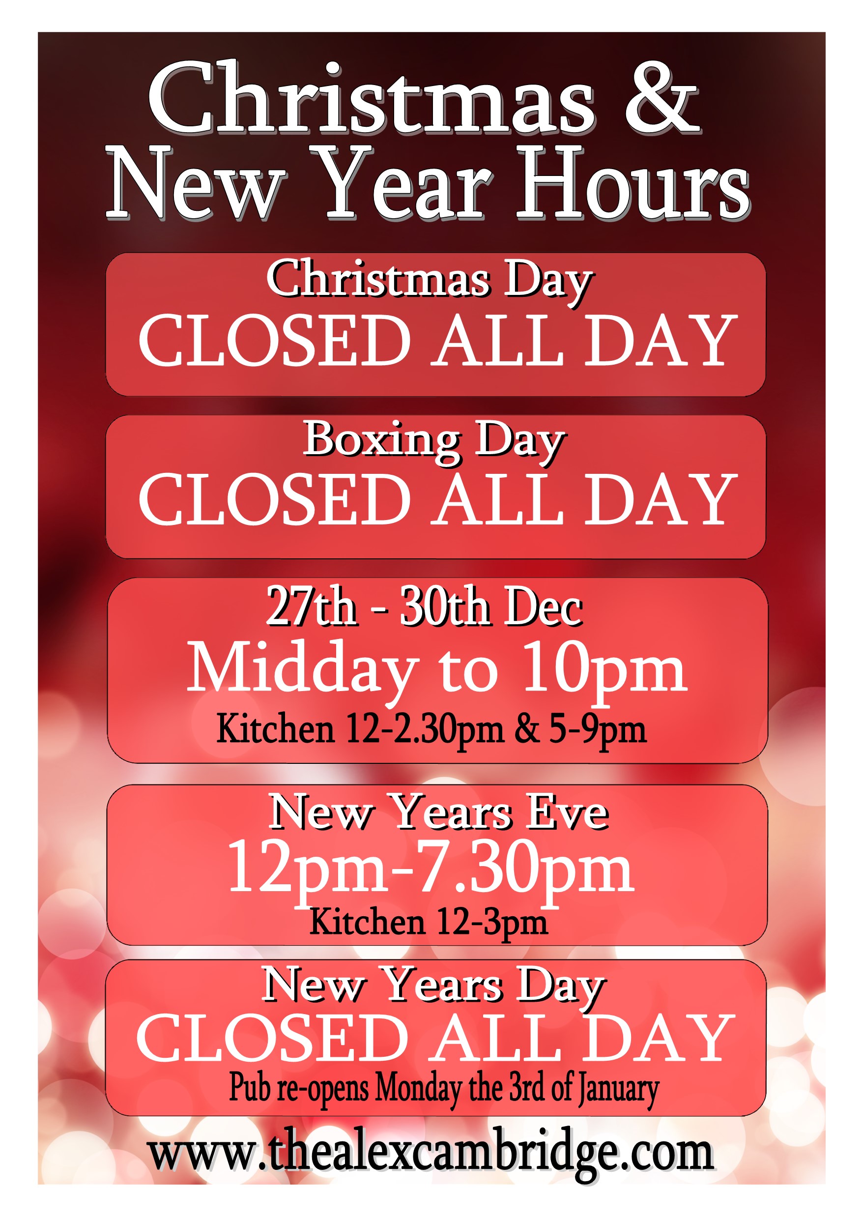 Xmas and New Year hours (updated) The Alex Cambridge